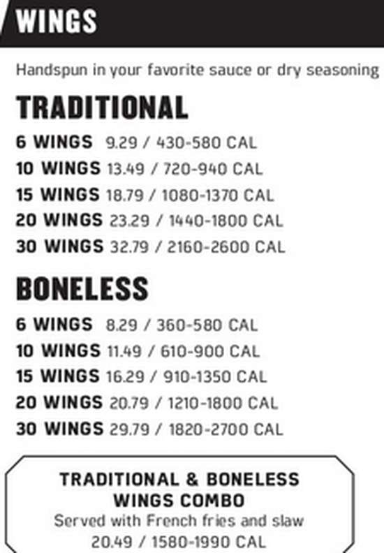 Page 1 of menu, Buffalo Wild Wings Opelika, AL
