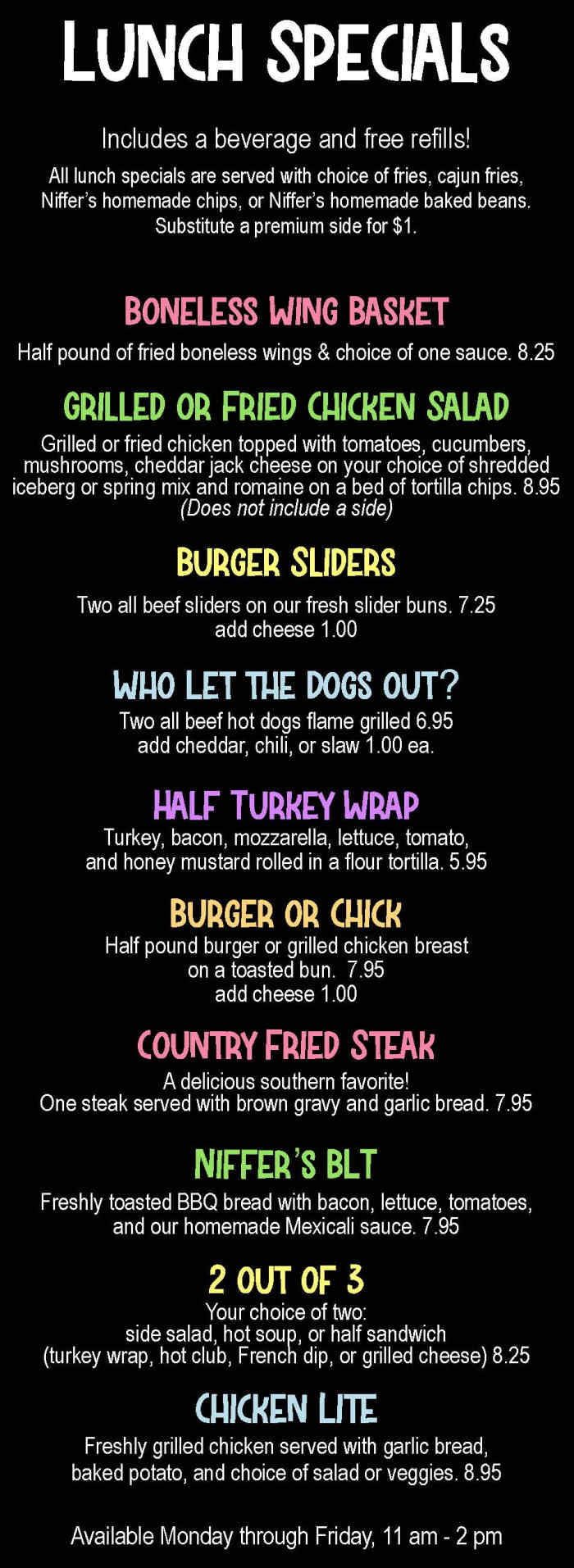 Niffer's Place menu page 1