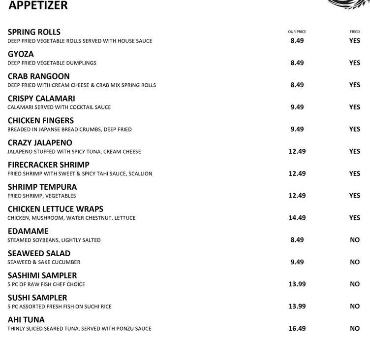 Zen Steak & Sushi menu page 1