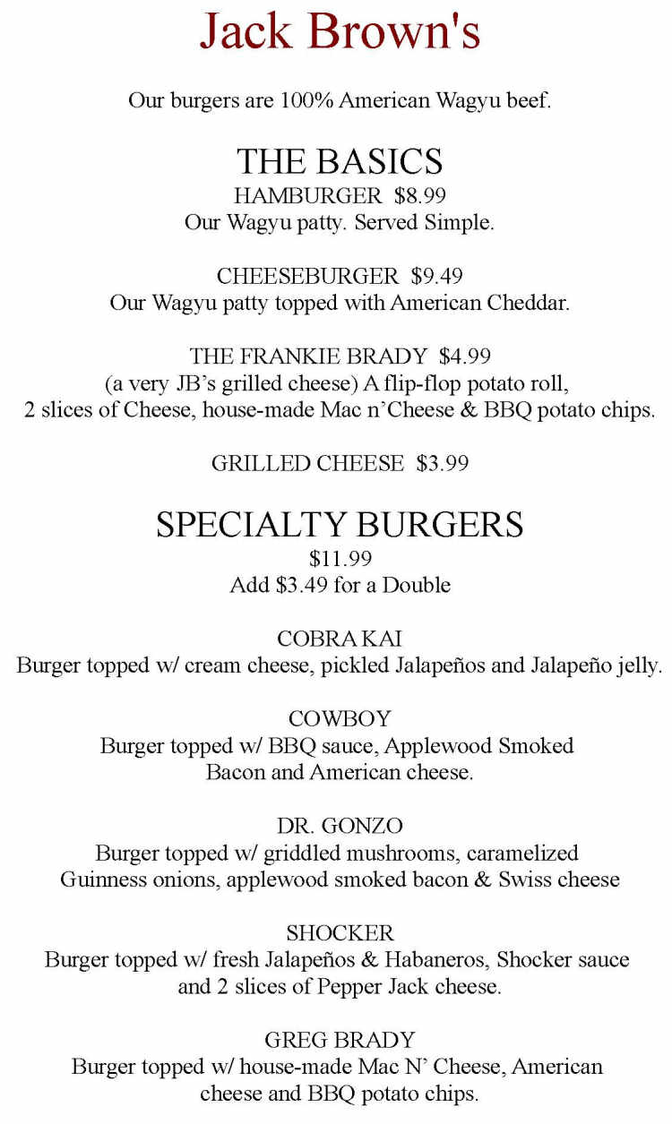 Jack Brown's menu page 1