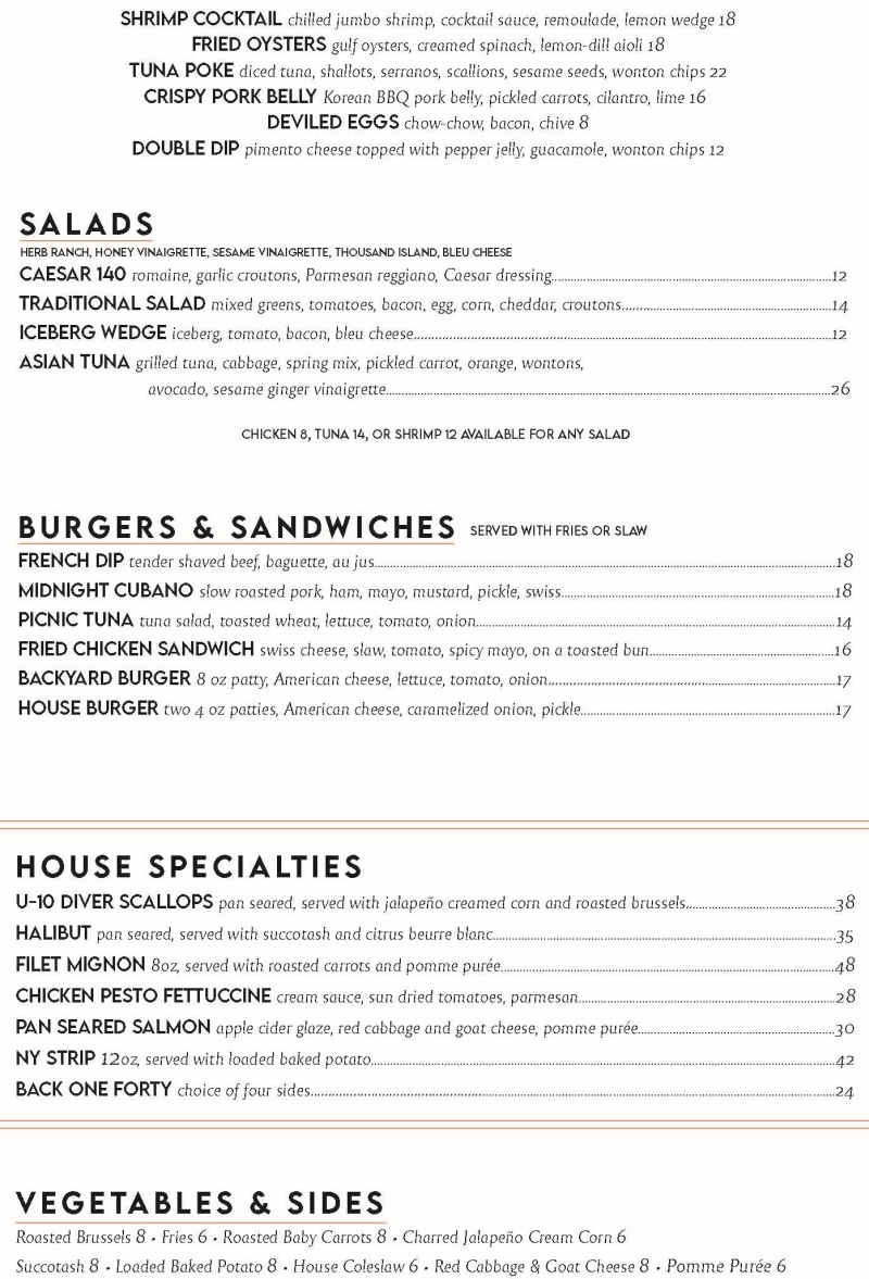 One Forty Grill menu page 1