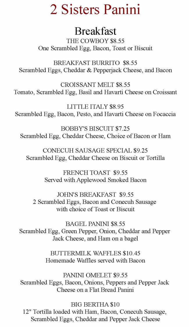 2 Sisters Panini menu page 1