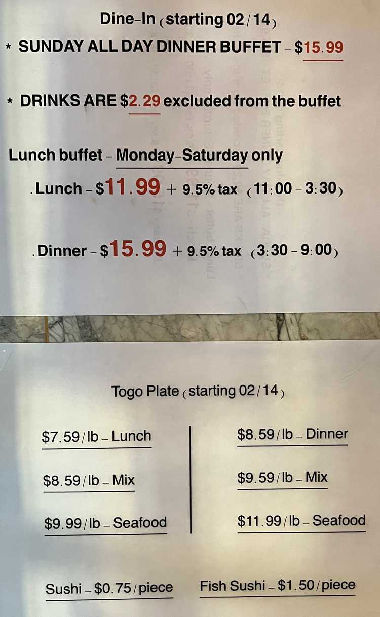 Dragon City Buffet menu page 1