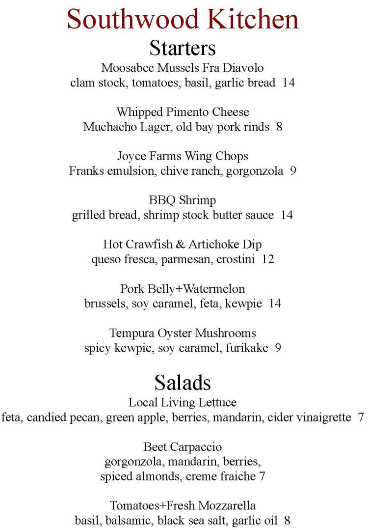 Southwood Kitchen menu page 1