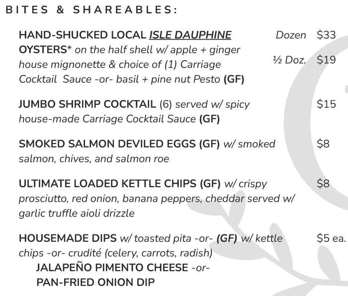 The Carriage menu page 1