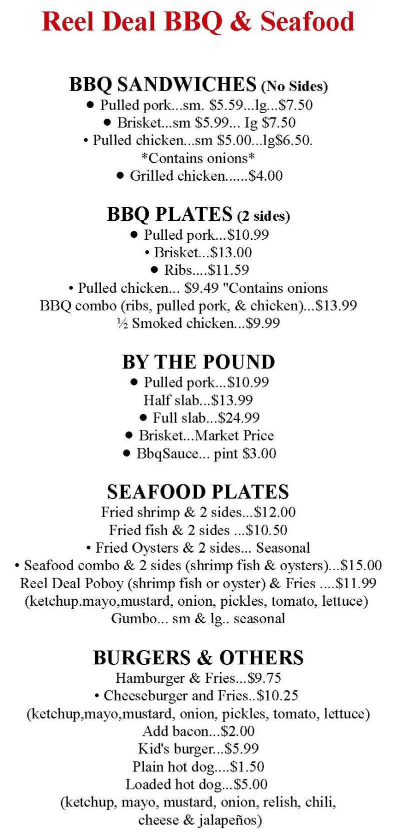 Reel Deal BBQ & Seafood menu page 1