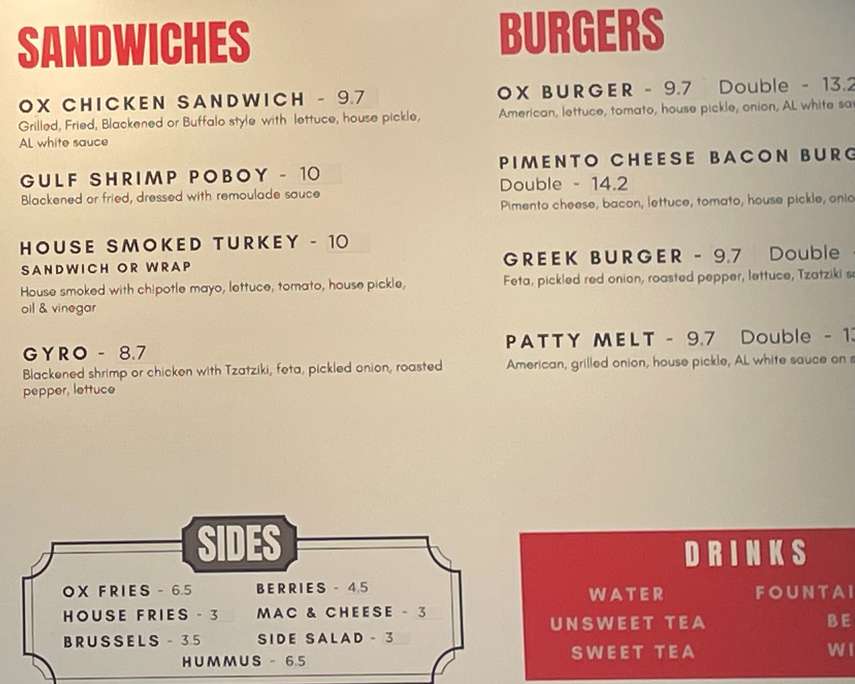 Ox Kitchen menu page 1