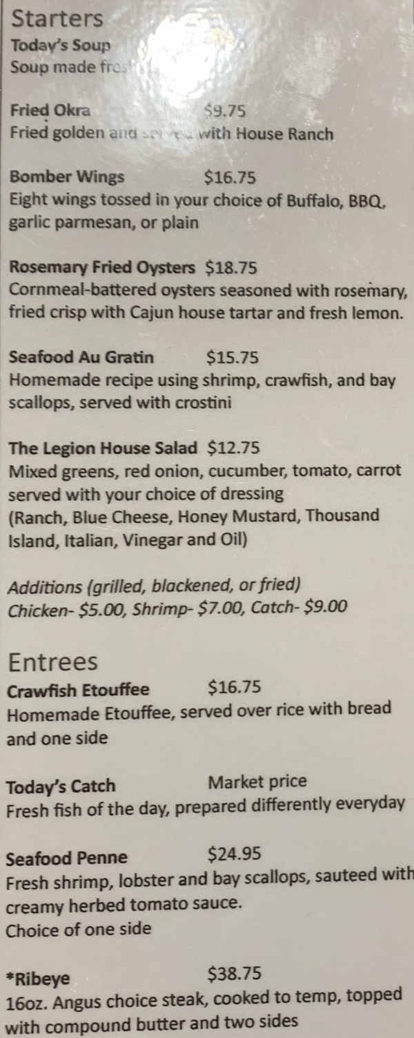 American Legion Restaurant menu page 1