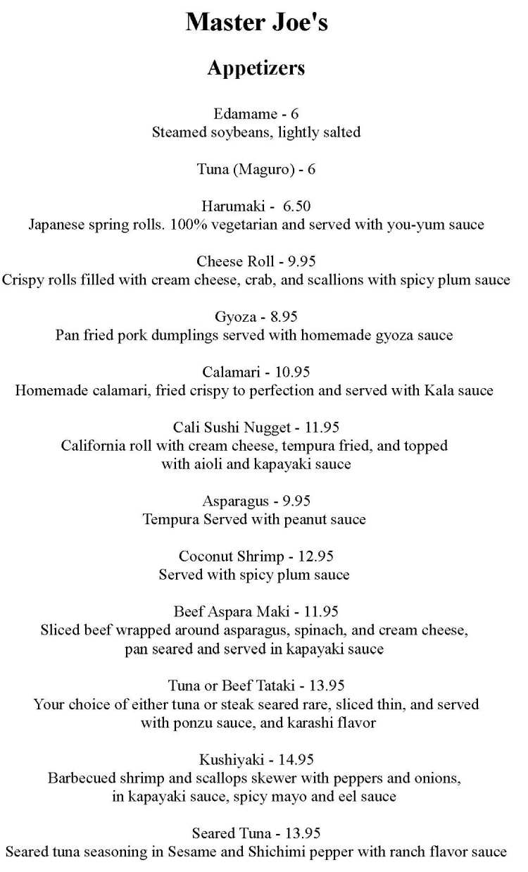Master Joe's Sushi menu page 1