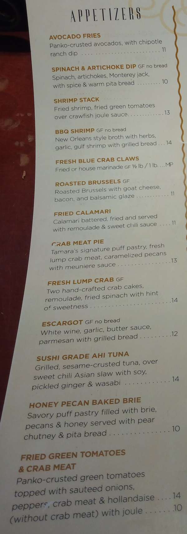 Tamara's Downtown menu page 1