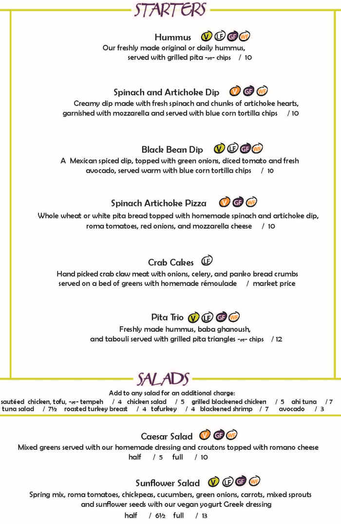 Sunflower Cafe menu page 1