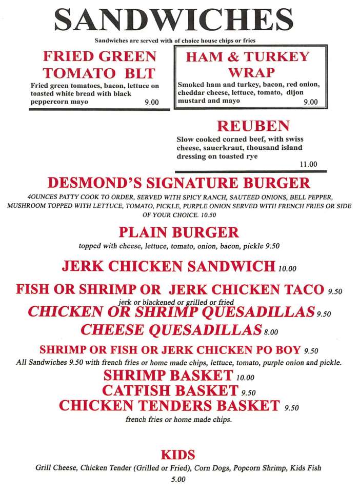 Desmond's Taste of Jamaica menu page 1