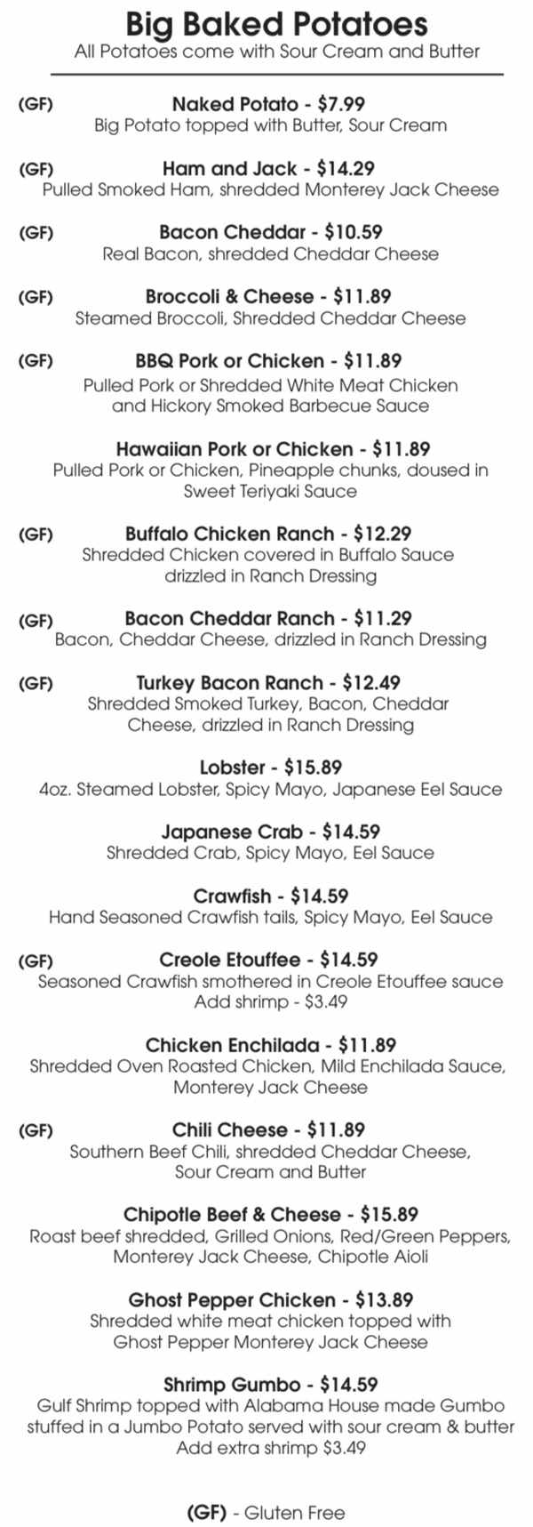 Big Potato Company menu page 1