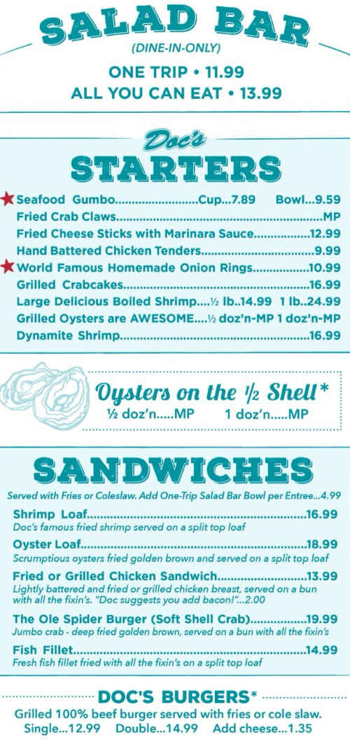 Doc's Seafood Shack menu page 1