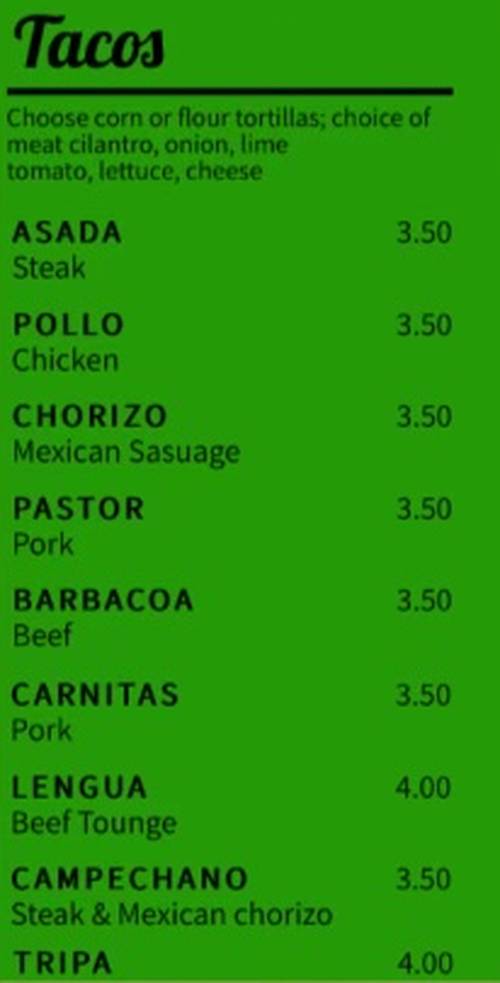 Taco Fiesta menu page 1