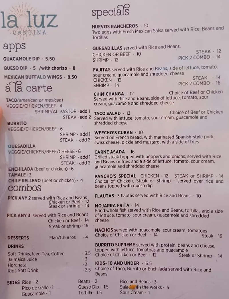 Cantina La Luz menu page 1