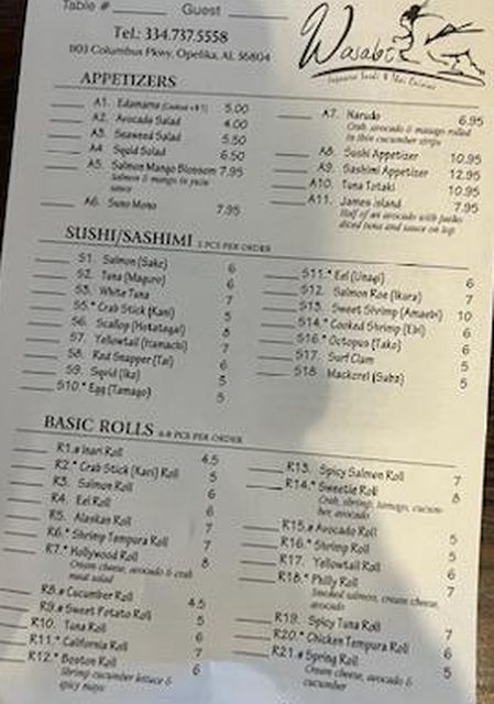 Wasabi Sushi & Thai menu page 1