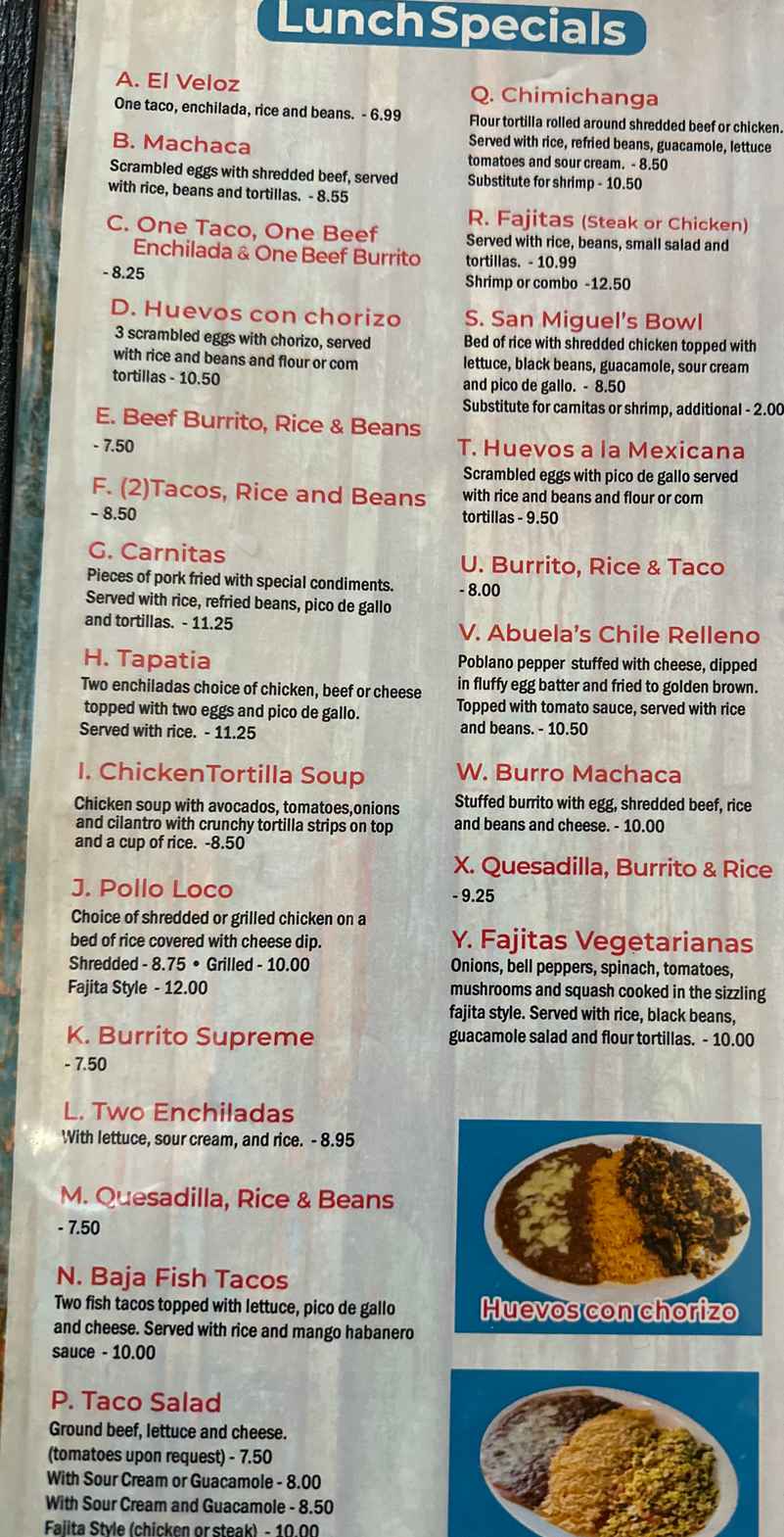San Miguel Mexican menu page 1