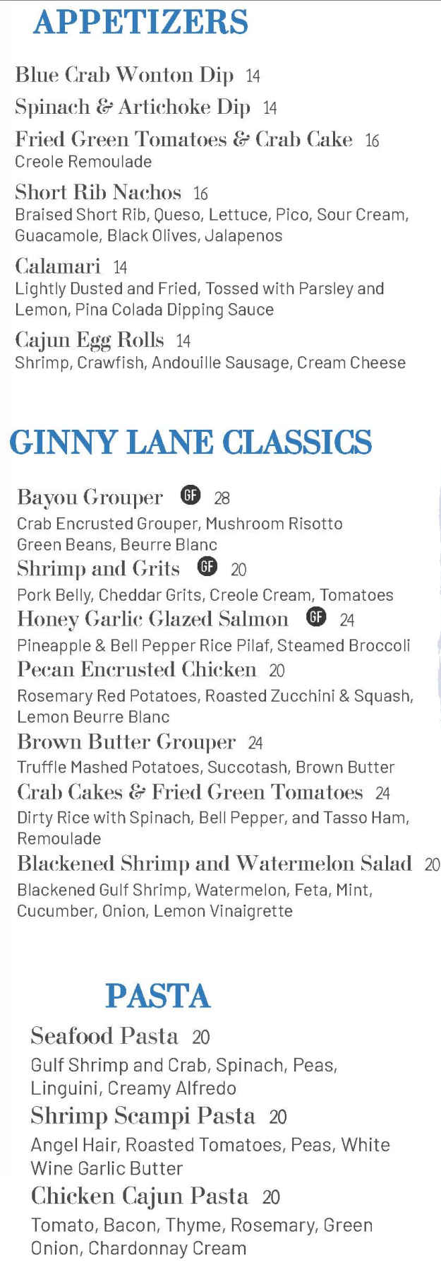 Ginny Lane menu page 1