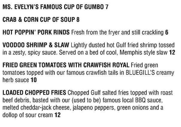 Bluegill menu page 1