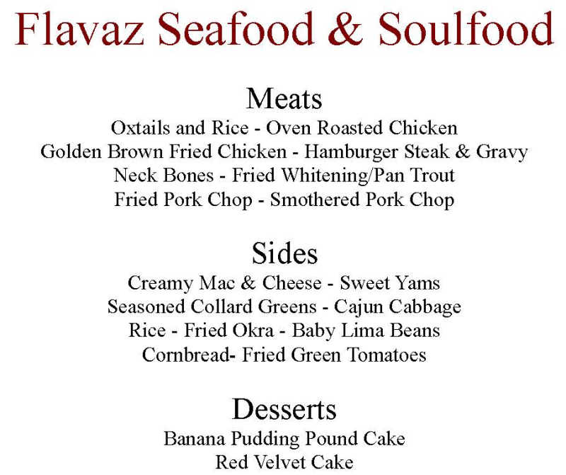 Flavaz Seafood & Soulfood menu page 1