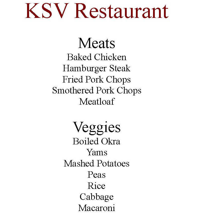 KSV Restaurant menu page 1