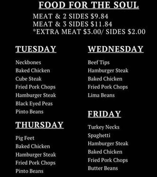 Jurline's Soul Food Cafe menu page 1