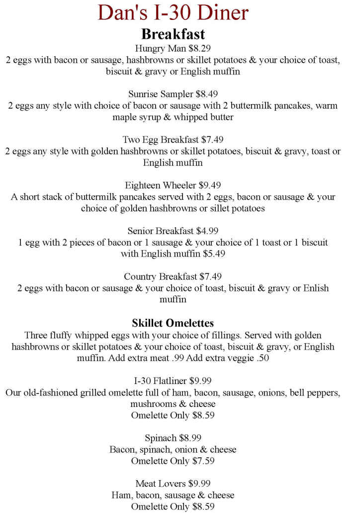 Dan's I-30 Diner menu page 1