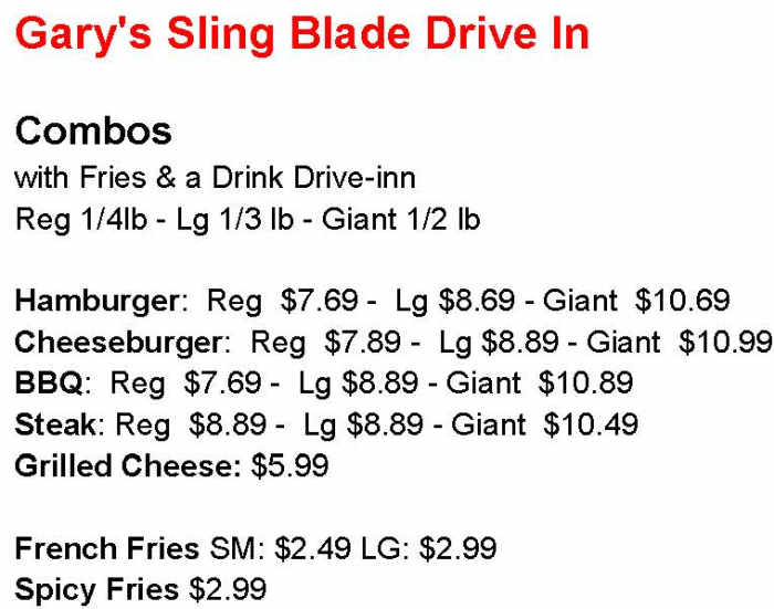 Garry's Slingblade menu page 1