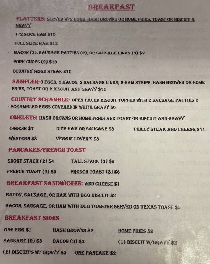 Lazy Earl's menu page 1