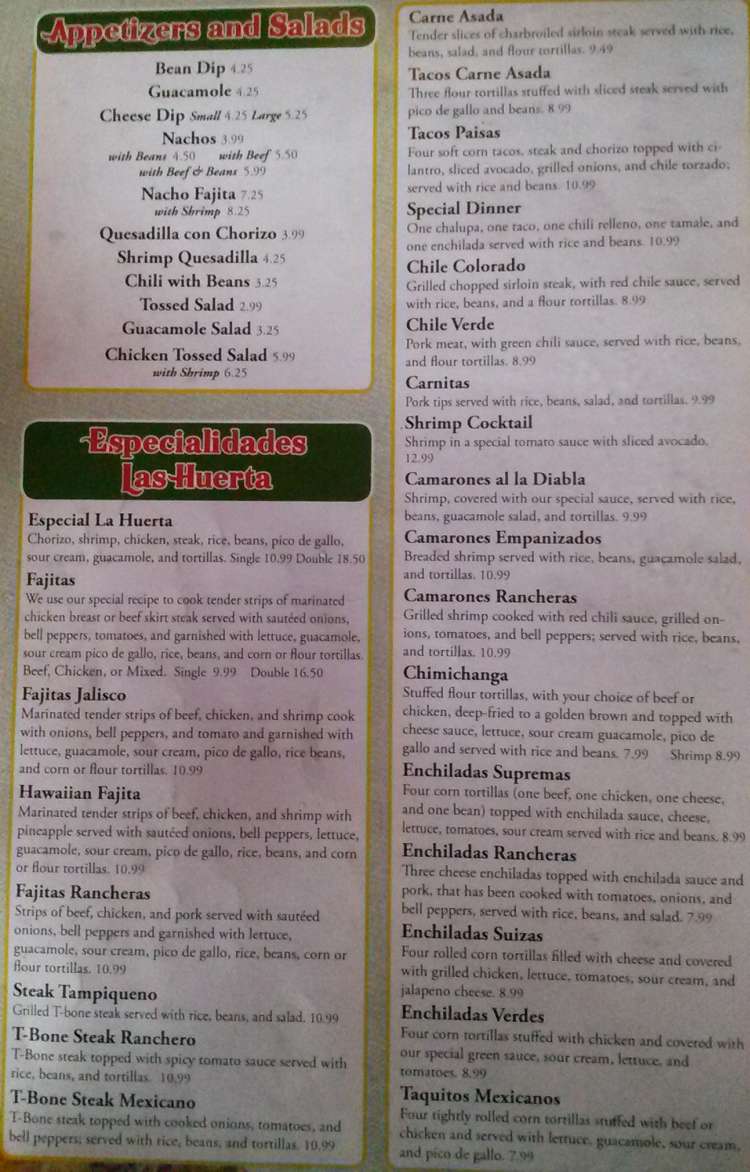 La Huerta Mexican menu page 1