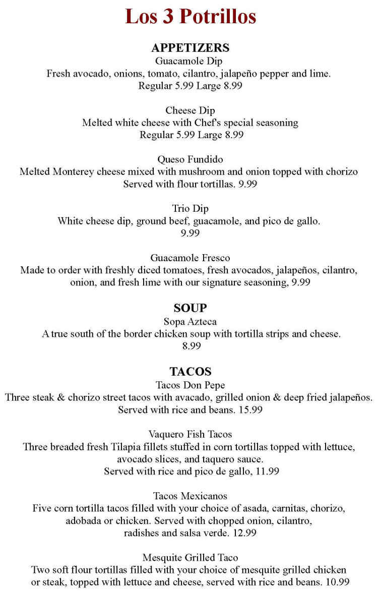 Los 3 Potrillos menu page 1