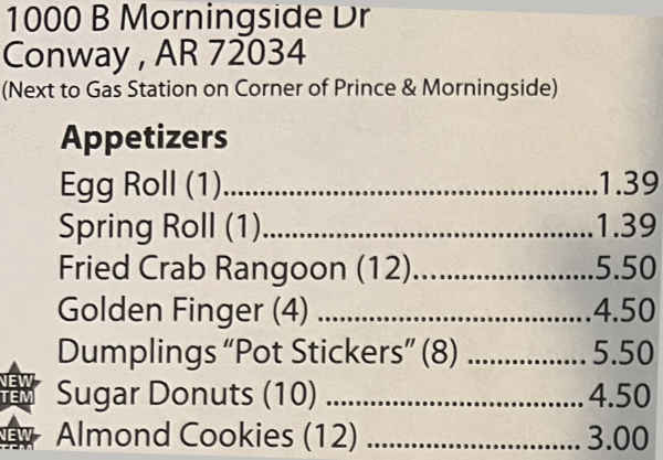 Oriental Kitchen menu page 1