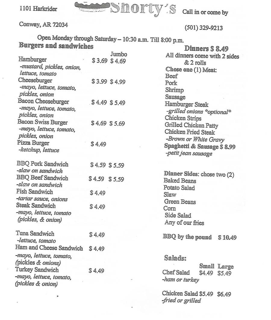 Shorty's Bar-B-Que menu page 1