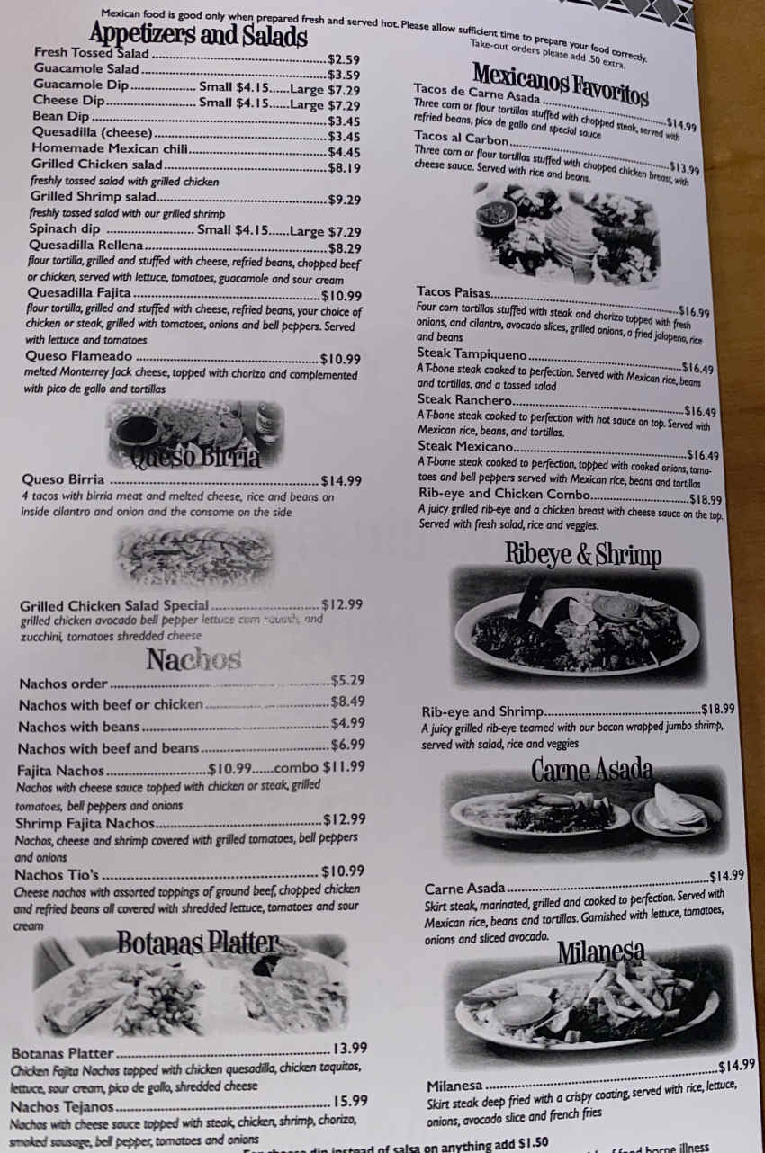 Tio's Mexican menu page 1