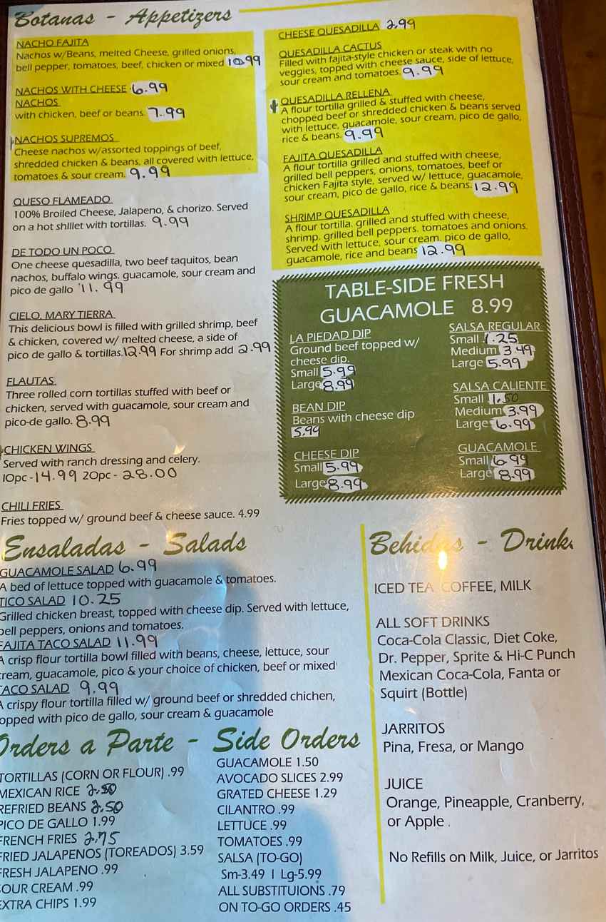 Cactus Jack's Mexican menu page 1