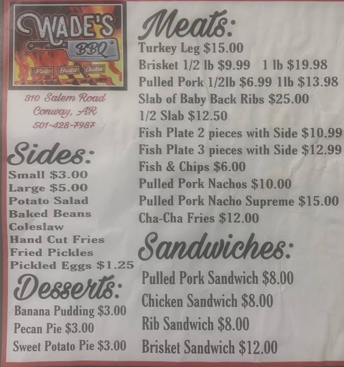 Wade's BBQ menu page 1