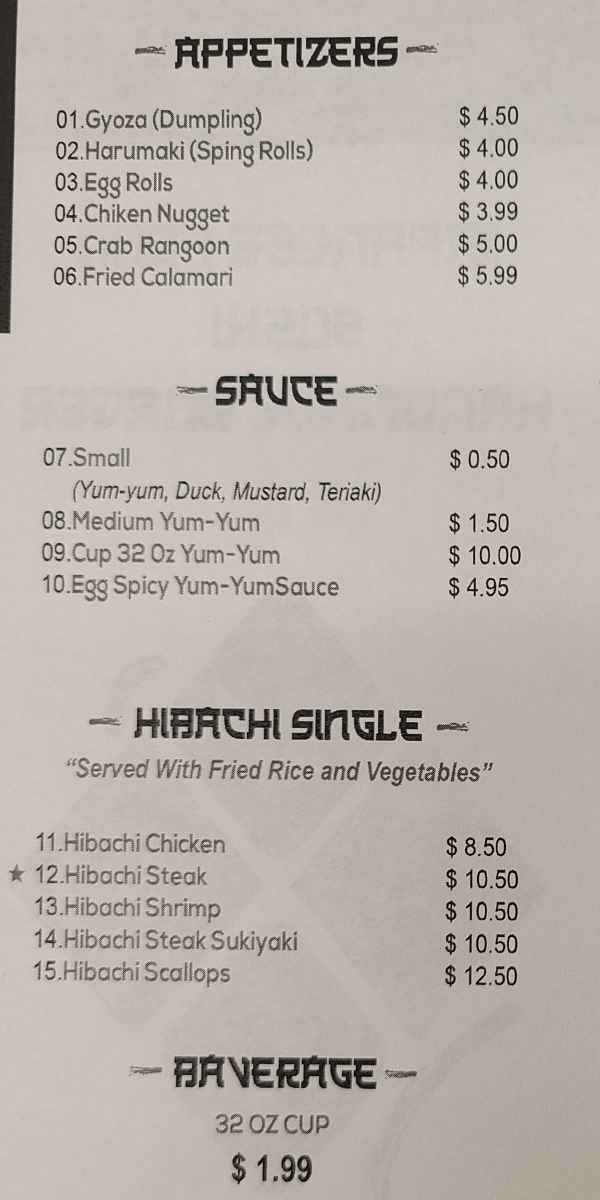 Kotaro Hibachi Express menu page 1