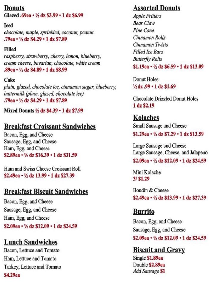 Love's Donuts menu page 1