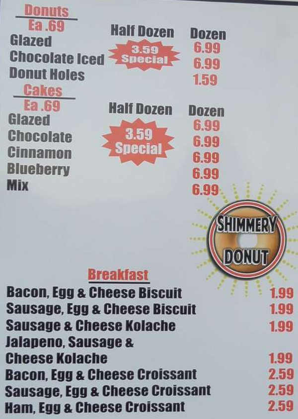 Shimmery Donuts menu page 1