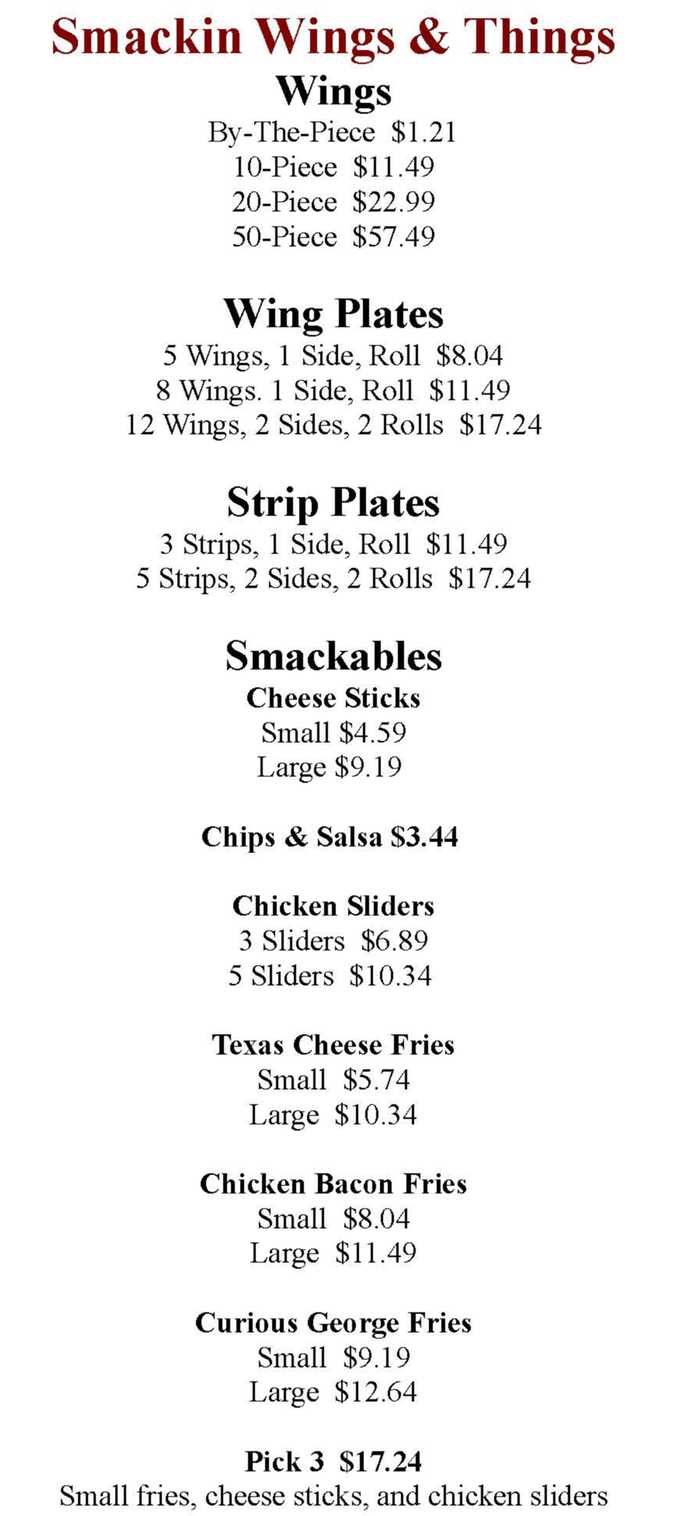 Smackin Wings & Things menu page 1