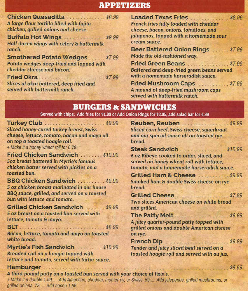 Myrtie Mae's menu page 1