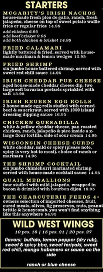 McGarity's Irish Saloon menu page 1