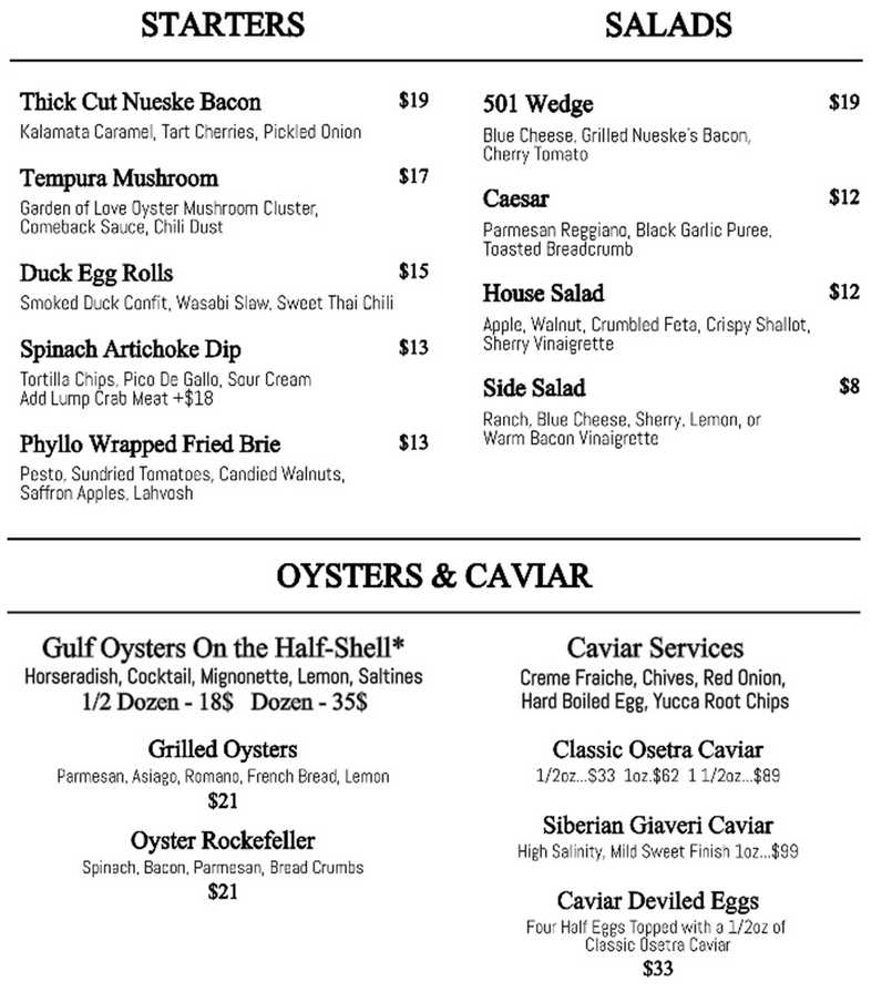 501 Prime menu page 1