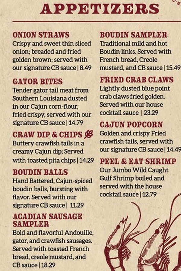 Cajun Boilers menu page 1