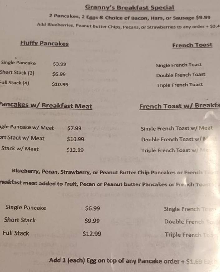 Granny's Kitchen menu page 1