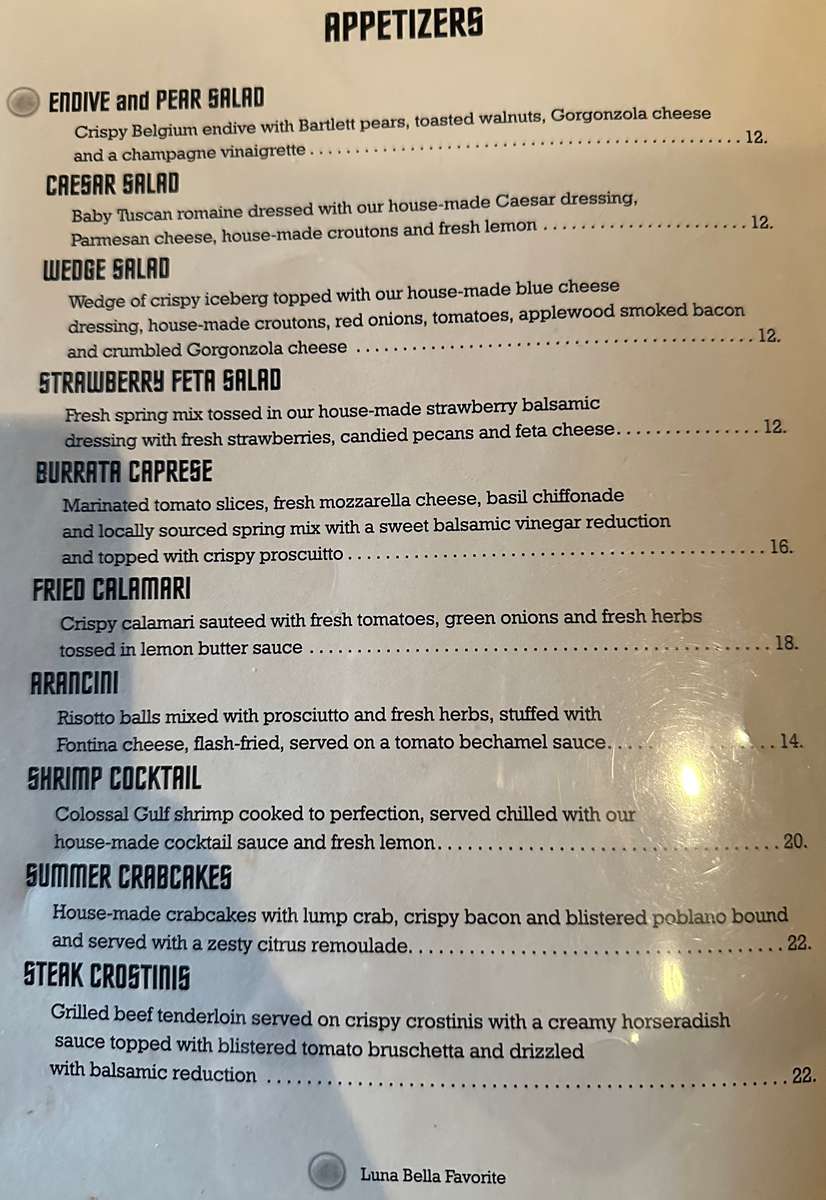 Luna Bella menu page 1