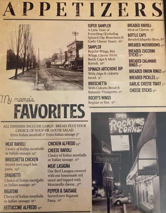 Rocky's Corner menu page 1