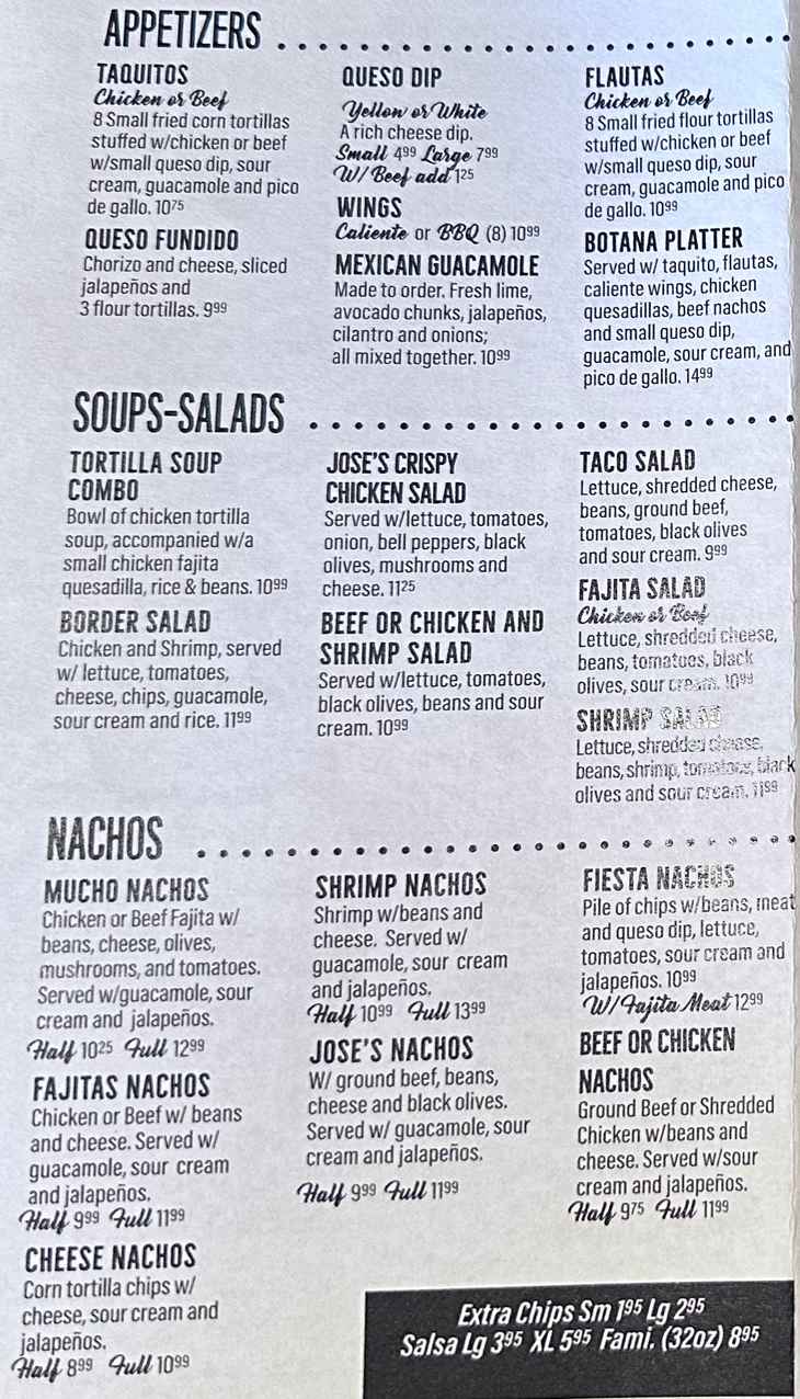 Jose's Mexican Malvern menu page 1