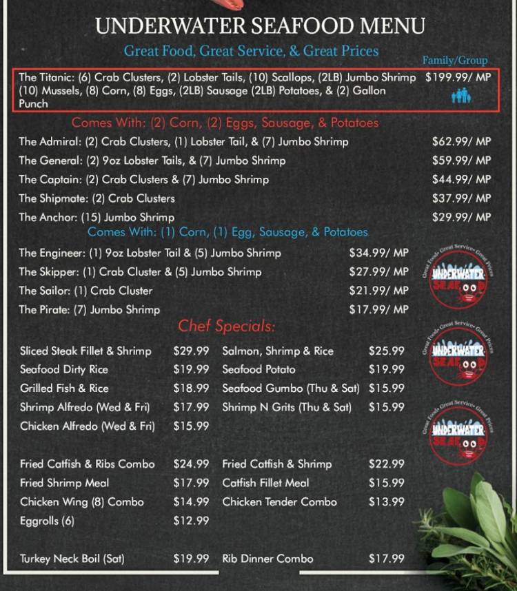 Underwater Seafood menu page 1
